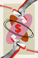 Vertical image art pop trend collage of human hands hold telephone handset dollar inflation deal collapse problem bankruptcy