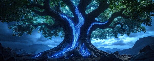 A magnificent illuminated tree with glowing blue roots set against a tranquil night landscape, evoking wonder and serenity in nature.