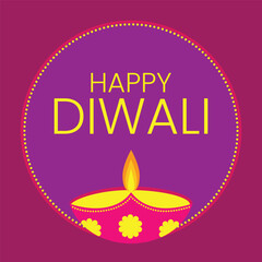 Happy Diwali card with Diya in pink, yellow and purple. Deepawali greeting  