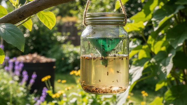 Closeup of an ecofriendly fly trap hanging outdoors capturing insects efficiently in a natural garden setting.