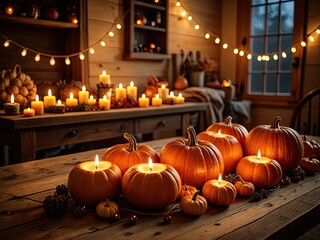 Fototapeta premium Cozy autumn scene with pumpkins, candles, and string lights. Rustic wood table
