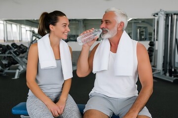 Mature Man Drinking Water at Gym with Young Adult Woman