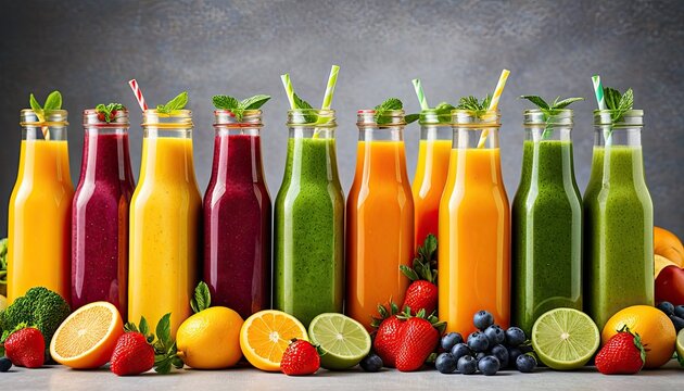 Colorful juice bottles with fruits and straws, healthy drinks