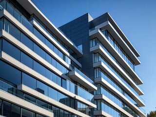 Modern office building with many glass windows reflecting a bright blue sky