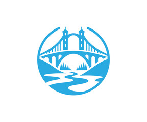 Illustration of a blue bridge over a winding river