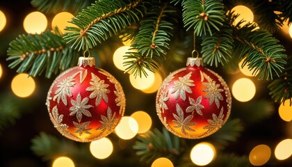 Festive red ornaments on a Christmas tree with golden bokeh