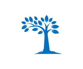 Illustration of a blue tree with leaves on white background