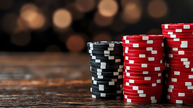 Stacks of red and black poker chips on rustic wooden table with blurred bokeh background, creating dramatic casino gaming atmosphere.