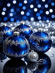 Ornate blue Christmas ornaments with silver details, bokeh background