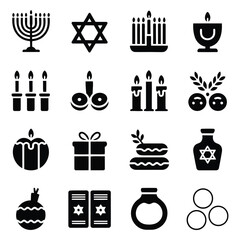 Collection of hanukkah symbols and icons in black and white
