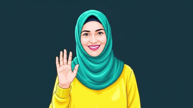 Smiling woman in hijab waving hand vector illustration