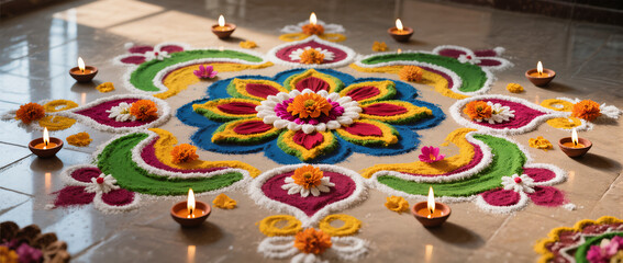 Diwali Flatlay Advertisement Tiled Floor Rangoli Patterns Colored Powders Flower Petals Diyas Natural Light Vibrant Colors Cultural Artistry