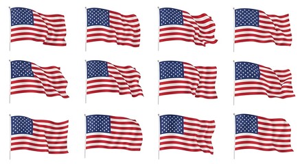 Collection of american flags waving in the wind isolated on white background