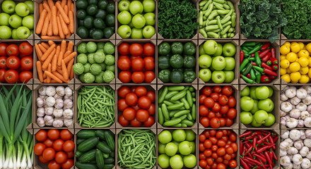 fresh fruits and vegetables arranged in wooden crates for colorful market display