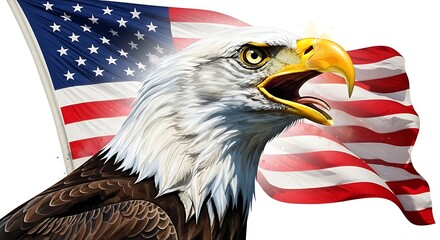Majestic bald eagle with american flag symbolizing freedom and patriotism isolated on white background