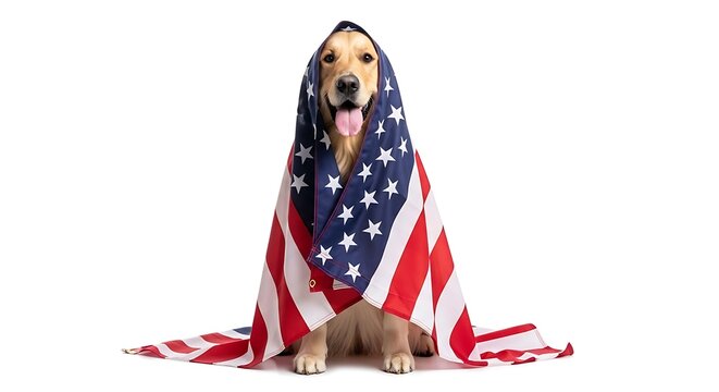 Golden retriever dog wrapped in an american flag isolated on white background - Powered by Adobe