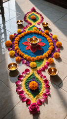 Diwali Flatlay Advertisement Tiled Floor Rangoli Patterns Colored Powders Flower Petals Diyas Natural Light Vibrant Colors Cultural Artistry