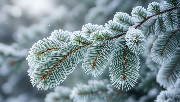 Frosty evergreen branch close-up with ice crystals, winter nature scene - Powered by Adobe