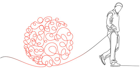 Line art of a man pulling tangled red rope symbolizing problem solving and overcoming challenges	