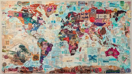 Naklejka premium Colorful and Artistic World Map Collage Featuring Vintage Travel Ephemera and Historical Imagery in a Unique Patterned Layout