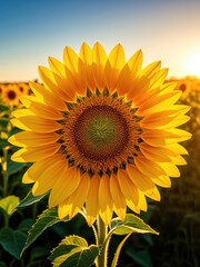 Obraz premium Golden sunflower bathed in sunlight, field in background at sunset