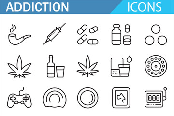 Set of Addiction Icons for Mental Health, Rehabilitation, and Wellness