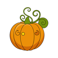 A charming cartoon illustration of a bright orange pumpkin with green curly vines and leaves against a solid black background perfect for autumn and halloween themes