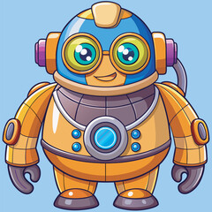 Cartoon robot with an orange and blue body, wearing a belt and headphones