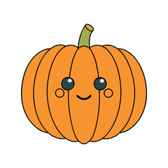 A cute and friendly cartoon pumpkin with a happy face and big blue eyes perfect for halloween and autumn celebrations