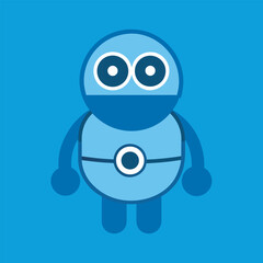 A cute blue robot with a round body stands on a blue background