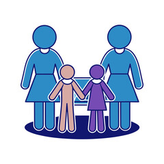 Stylized illustration of a diverse family unit with two mothers and two children holding hands in a supportive and loving embrace