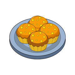 Four delicious cartoon muffins with yellow dots on top are neatly arranged on a light blue plate against a black background