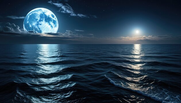 Ocean view at night with full moon, star-filled sky and reflections