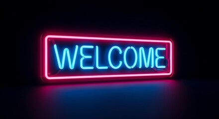 Vibrant Welcome Neon Sign Glowing in the Dark with Reflection