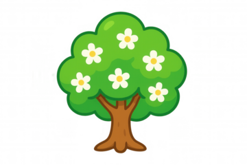 Cartoon spring tree with green foliage blooming white flowers, symbolizing nature, growth, and the environment