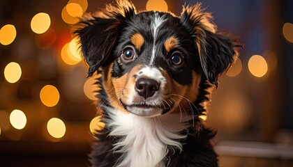 Adorable puppy with tri-color fur, wide eyes, and bokeh lights