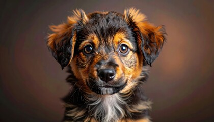 Adorable puppy portrait, gazing with brown eyes, fluffy fur, studio background