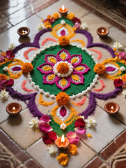 Diwali Flatlay Advertisement Tiled Floor Rangoli Patterns Colored Powders Flower Petals Diyas Natural Light Vibrant Colors Cultural Artistry