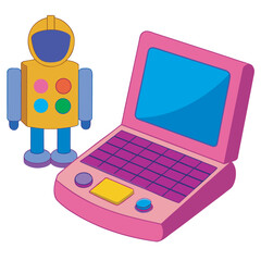 Colorful cartoon illustration of a robot and a laptop
