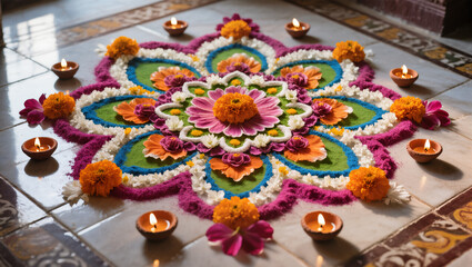 Diwali Flatlay Advertisement Tiled Floor Rangoli Patterns Colored Powders Flower Petals Diyas Natural Light Vibrant Colors Cultural Artistry