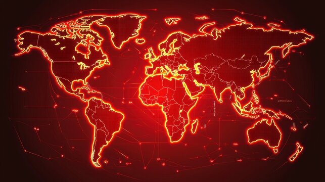 Red Neon World Map with Geometric Lines and Technology Elements, Perfect for Presentations and Digital Backgrounds in Global Business and Data Analysis