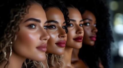 Diverse women with natural makeup and glowing skin showcase different beauty types in profile view, highlighting inclusivity and natural beauty in cosmetics industry.