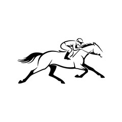 A monochrome illustration showcasing a horse race with a jockey in action, suitable for various design projects and themes