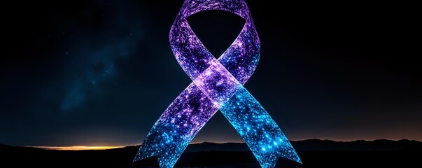 Glowing awareness ribbon in purple and blue gradient against night sky, symbolizing support and solidarity for medical cause or social movement.