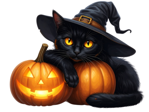  Black Cat in Witch Hat Leaning on Carved Jack-o’-Lantern, Side Angle View