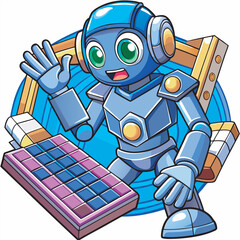 A friendly robot with headphones plays a puzzle game with a welcoming gesture