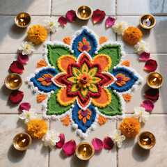 Diwali Flatlay Advertisement Tiled Floor Rangoli Patterns Colored Powders Flower Petals Diyas Natural Light Vibrant Colors Cultural Artistry