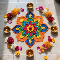 Diwali Flatlay Advertisement Tiled Floor Rangoli Patterns Colored Powders Flower Petals Diyas Natural Light Vibrant Colors Cultural Artistry