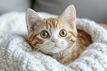 Obraz premium Adorable ginger tabby cat with big bright eyes peeking out from soft white knitted blanket, looking up with curious expression. Close up portrait showing sweet face.
