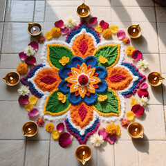 Diwali Flatlay Advertisement Tiled Floor Rangoli Patterns Colored Powders Flower Petals Diyas Natural Light Vibrant Colors Cultural Artistry